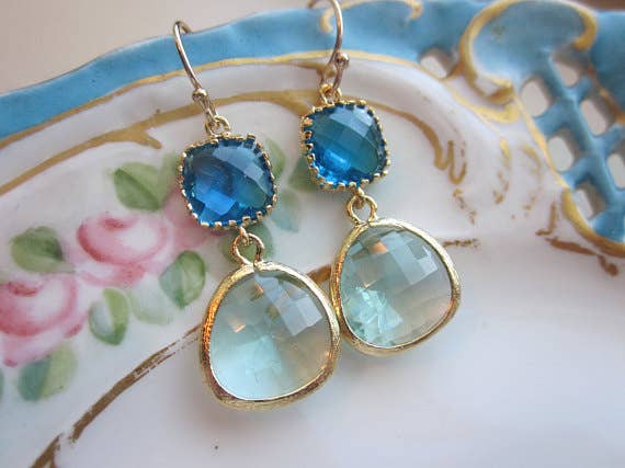 Gold Prasiolite Earrings Sea Blue Square