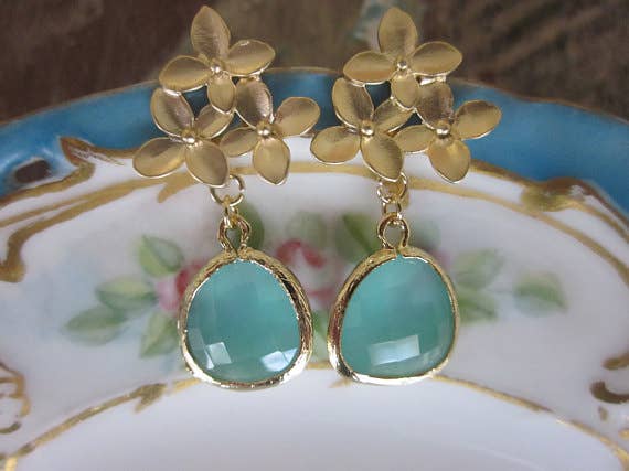 Aqua Blue Earrings Gold Cherry