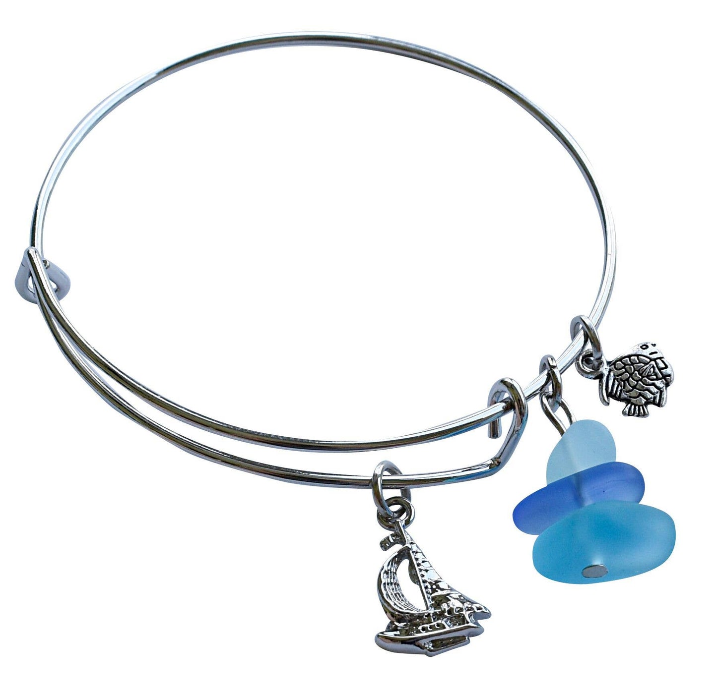 Sailboat Adjustable Sea Glass Bangle Bracelet
