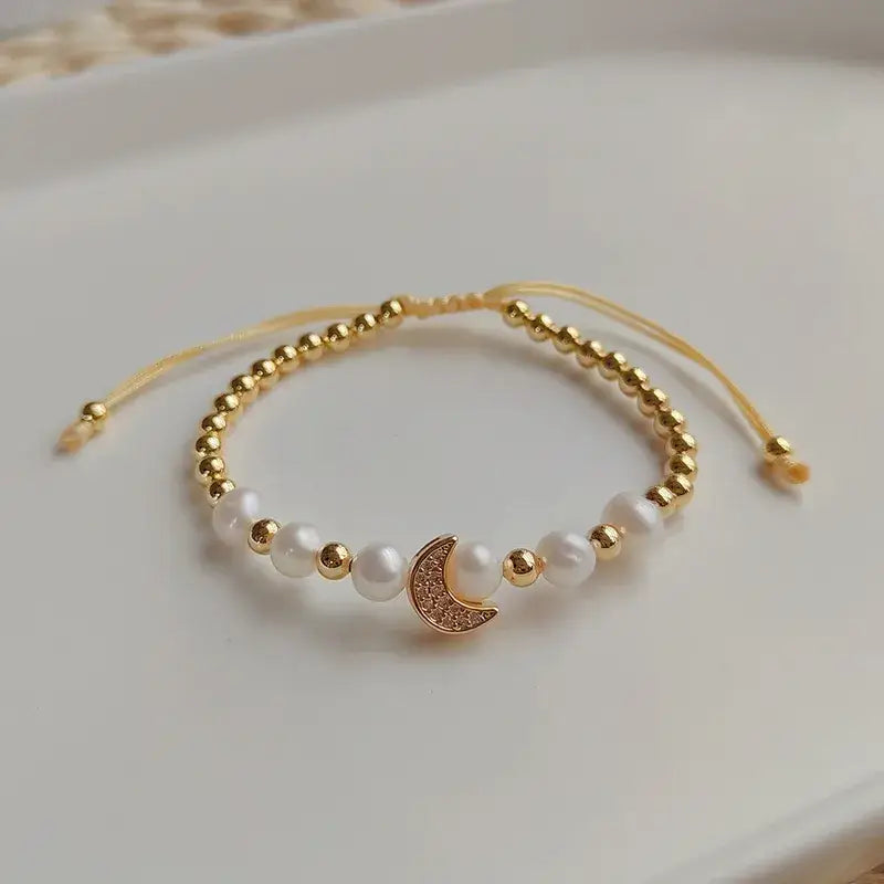 Pearl Beaded Adjustable Bracelet - Heart, Moon, Star: Heart