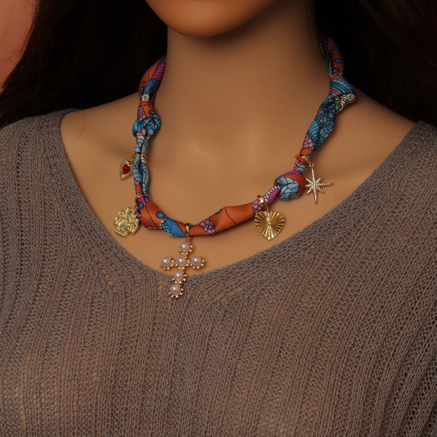 Convertible Scarf Necklace, Adjustable Silk Scarf nkl, EF808: #2 / Scarf with LD746 Heart