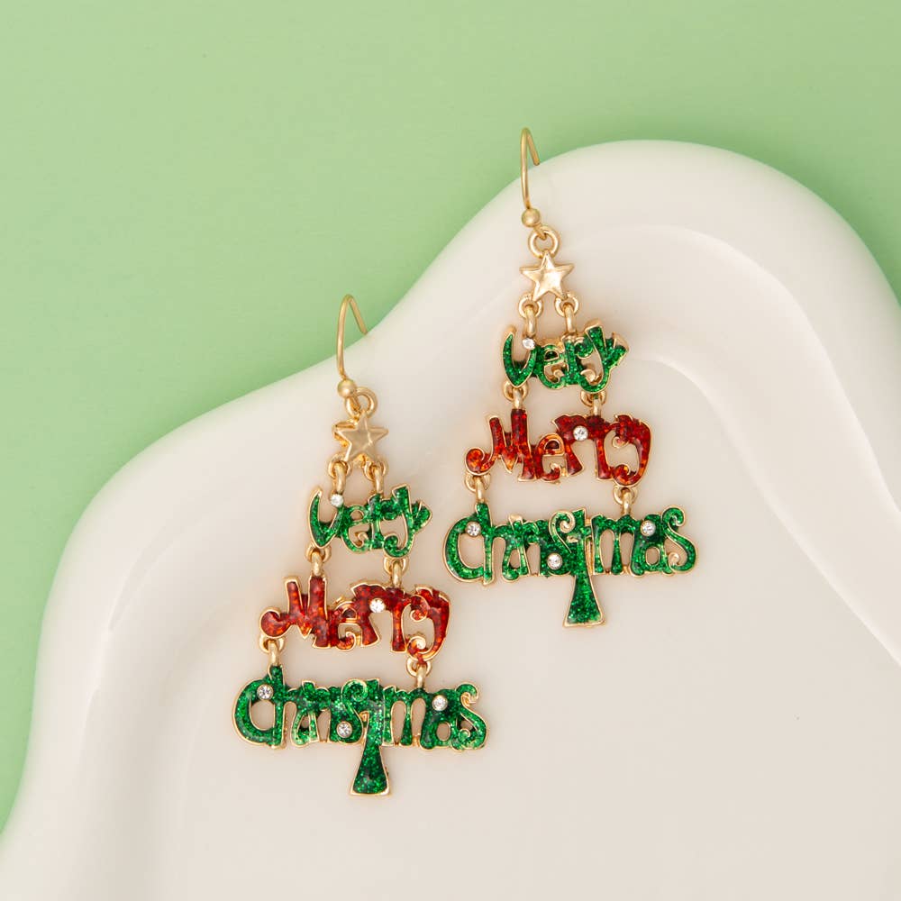 Christmas Tree "Very Merry Christmas" Word Dangle Earrings