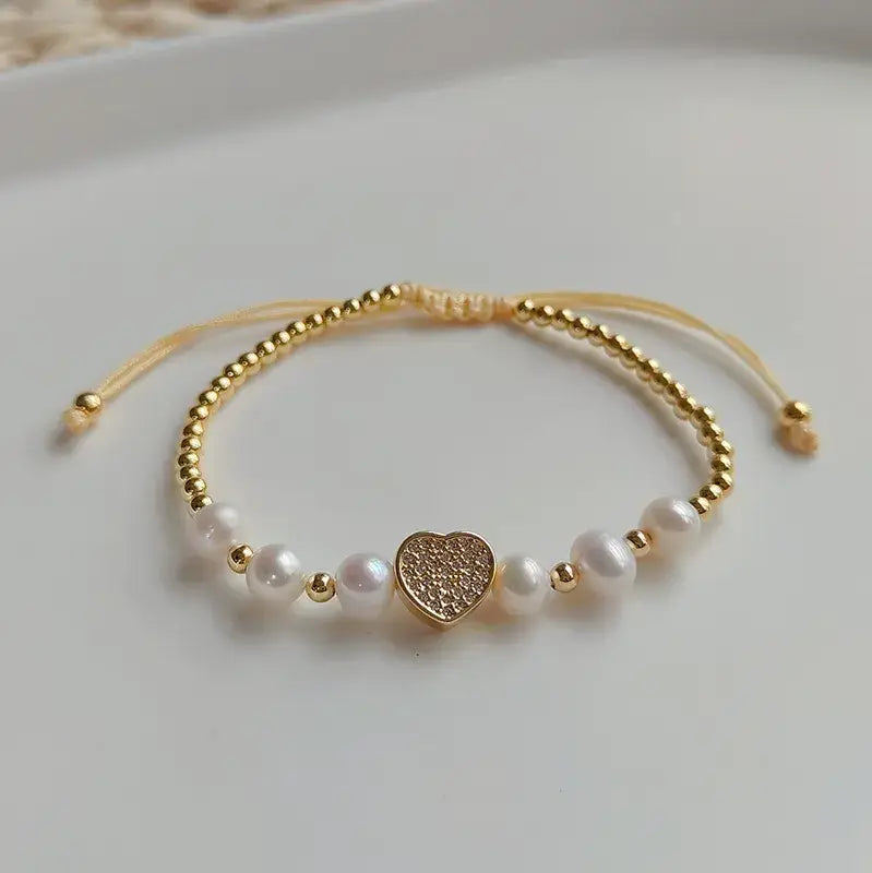 Pearl Beaded Adjustable Bracelet - Heart, Moon, Star: Heart
