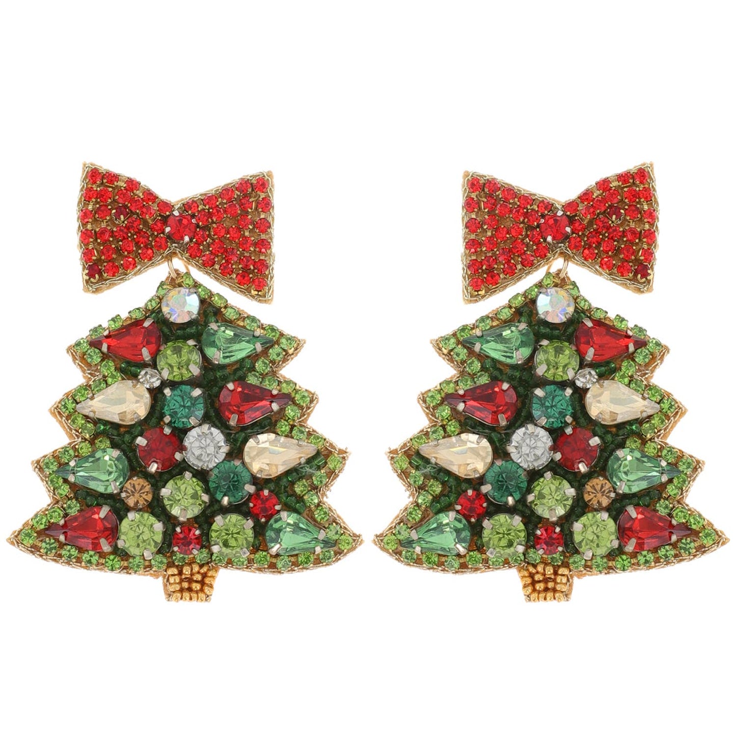 Jeweled Christmas Tree Beaded Embroidery Earrings
