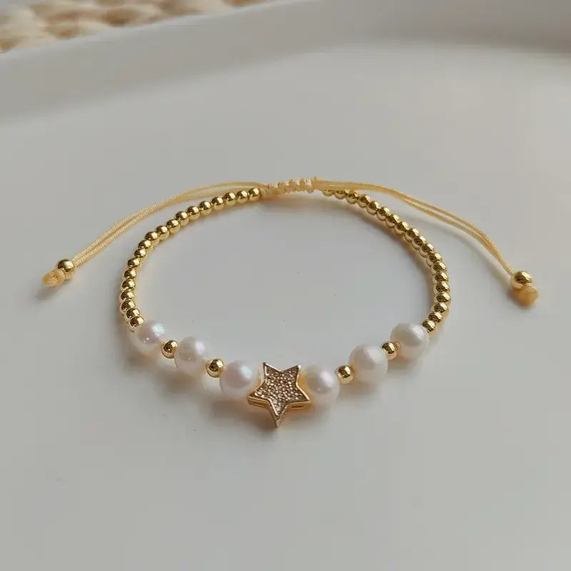 Pearl Beaded Adjustable Bracelet - Heart, Moon, Star: Heart
