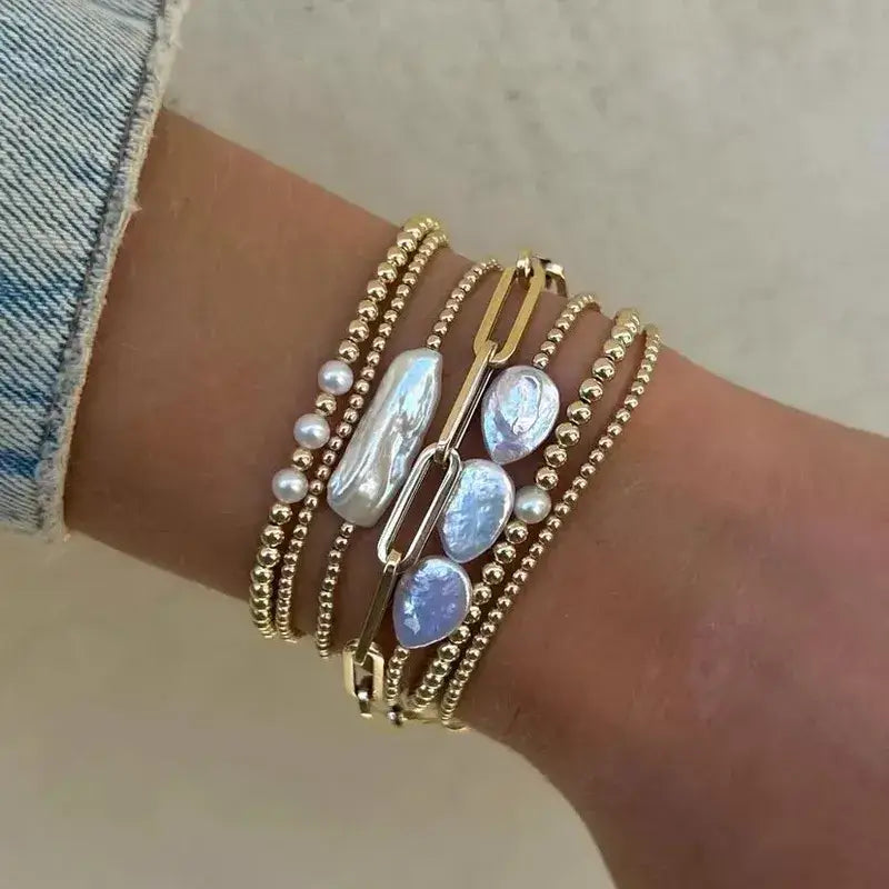 18K Gold Plated Copper Pearl and Gold Beaded Ball Bracelet: Three Small Pearls