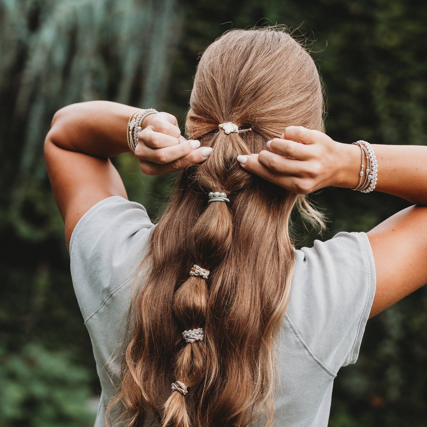 "Glimmer" Soft Pinks with Pearl and Gold Accent Hair Tie Bracelets: Large