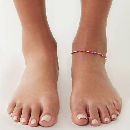Sea Turtle Rainbow Bead Boho Beach Anklet in Stainless Steel: Gold
