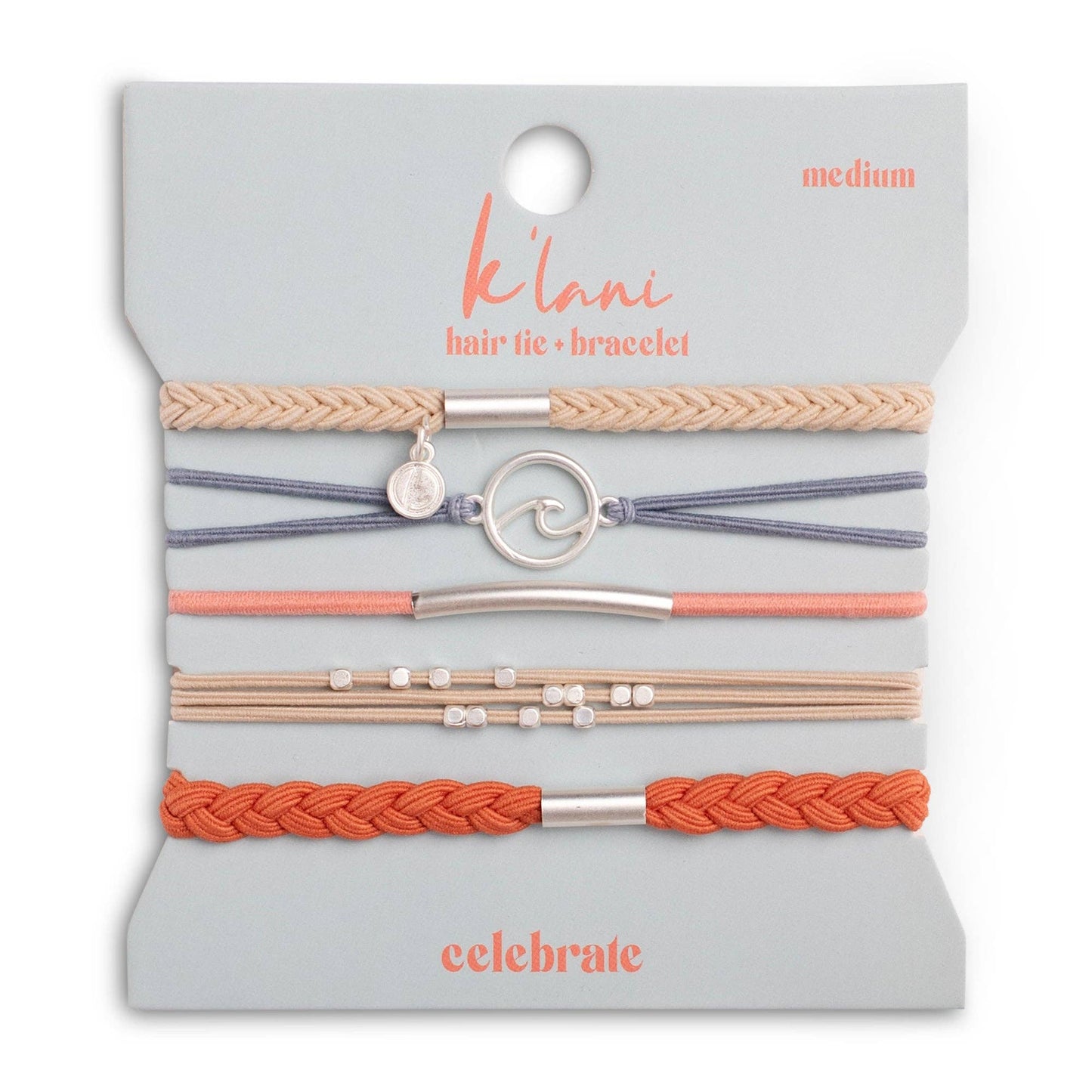 "Celebrate" Blues and Corals With Silver Wave Charm Hair Tie Bracelets: Medium