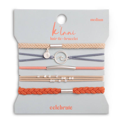 "Celebrate" Blues and Corals With Silver Wave Charm Hair Tie Bracelets: Medium