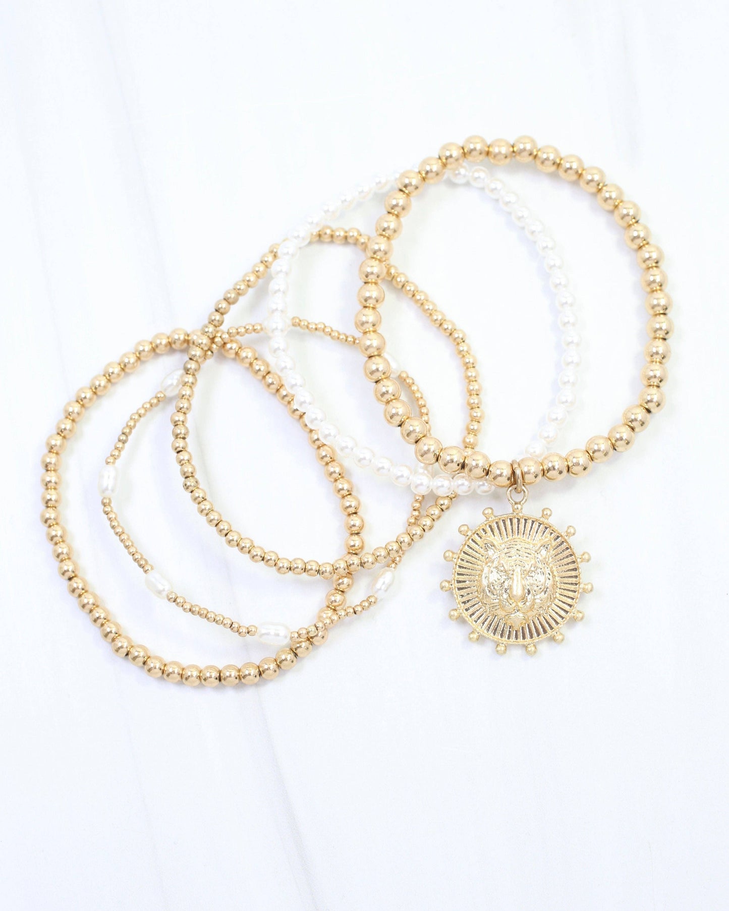 Carmen Coin Beaded Bracelet Set Tiger Worn Gold: Default
