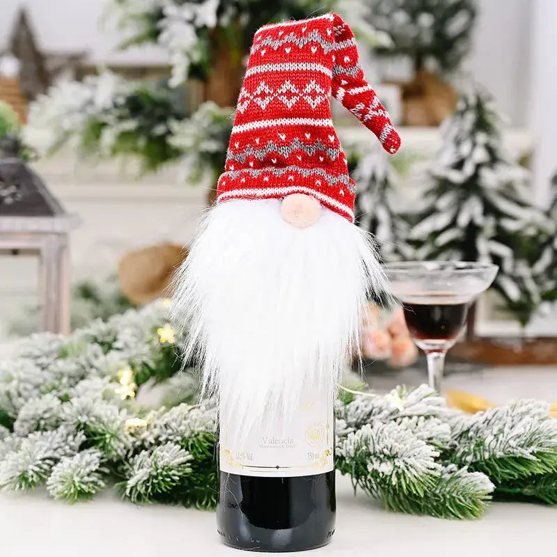 Gnome Knitted Hat Wine Cover Topper Gift Wine Holder: White