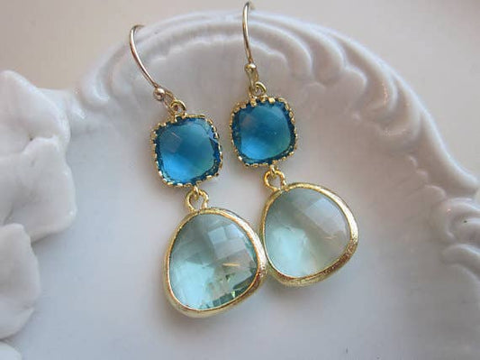 Gold Prasiolite Earrings Sea Blue Square