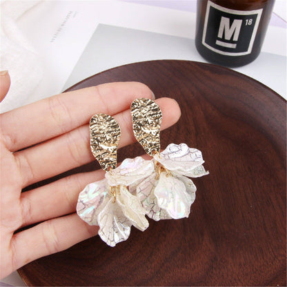 White Cracked Shell Flower Petal Earrings in Stainless Steel