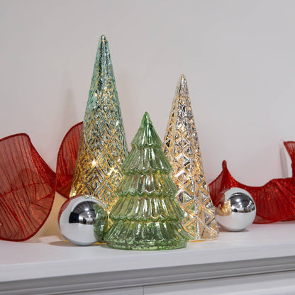 Battery Operated Green & Silver Trees - Set of 3