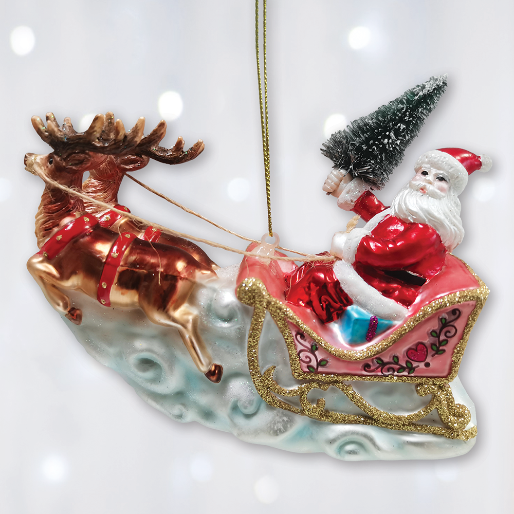 Santa Sleigh and Reindeer Elegant Christmas Ornament