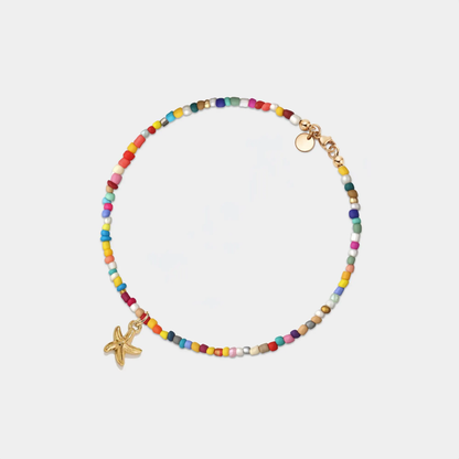 Boho Starfish Rainbow Bead Beach Anklet in Stainless Steel: Silver