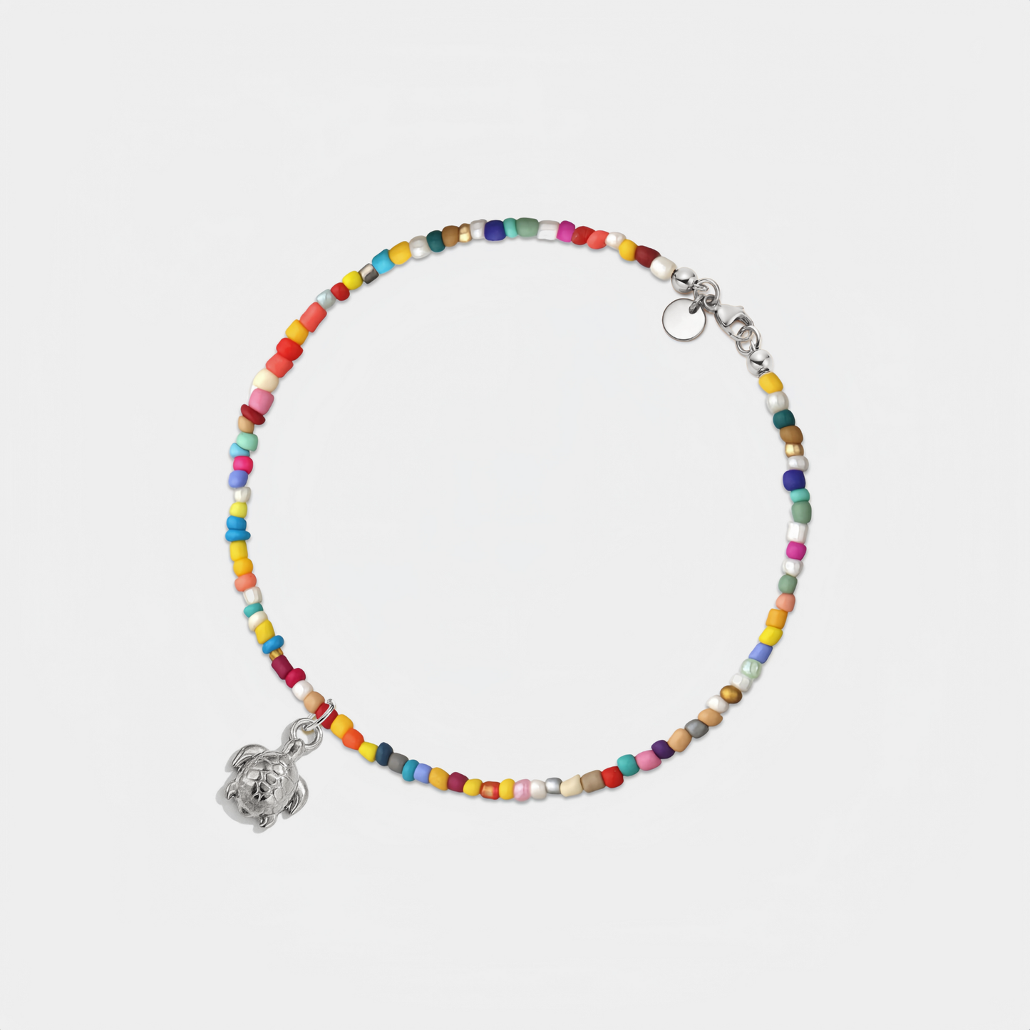 Sea Turtle Rainbow Bead Boho Beach Anklet in Stainless Steel: Gold