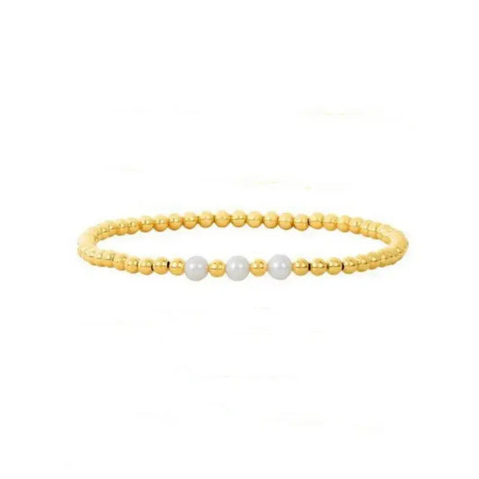 18K Gold Plated Copper Pearl and Gold Beaded Ball Bracelet: Three Small Pearls