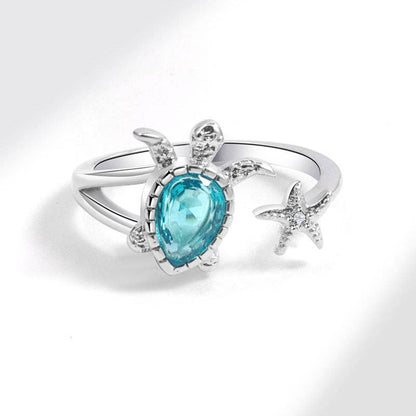 Cute Blue Sea Turtle Starfish Stacking Ring in Solid Copper