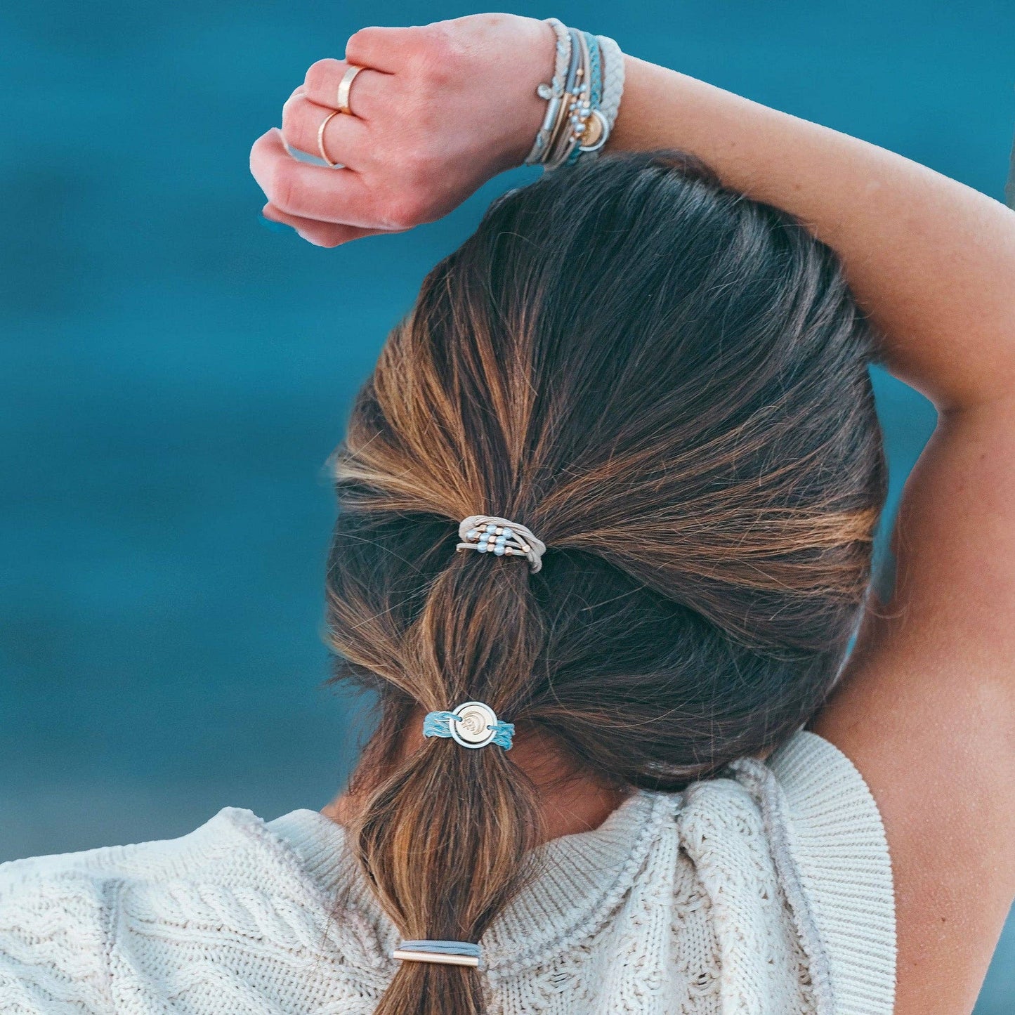 "Wonder" Soft Creams and Blues with Pearls and Gold Hair Tie Bracelets: Medium