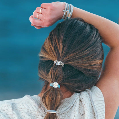 "Wonder" Soft Creams and Blues with Pearls and Gold Hair Tie Bracelets: Medium