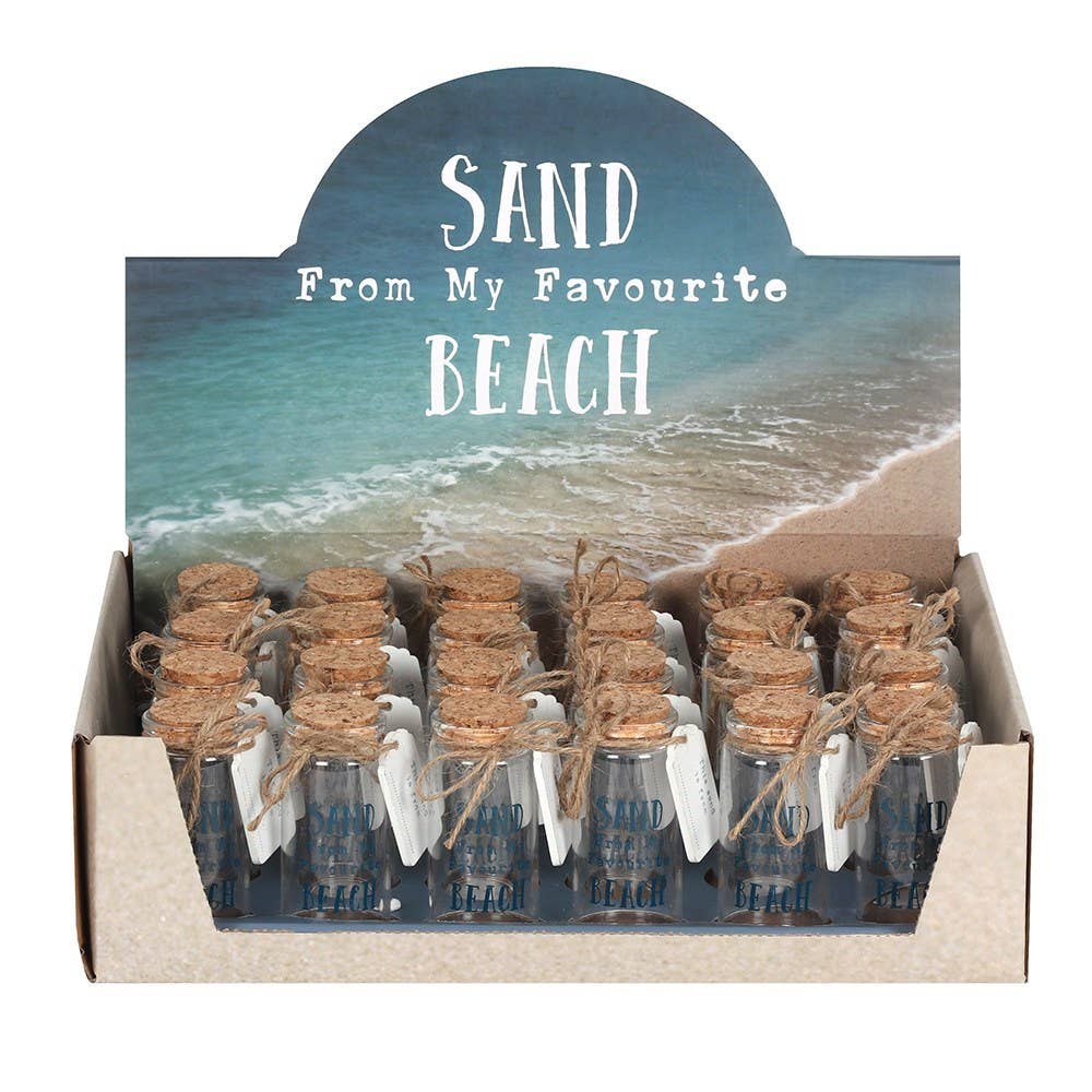 Set of 24 Souvenir Beach Sand Glass Bottles in Display