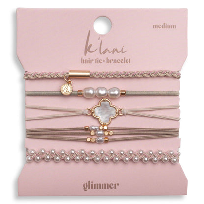 "Glimmer" Soft Pinks with Pearl and Gold Accent Hair Tie Bracelets: Large