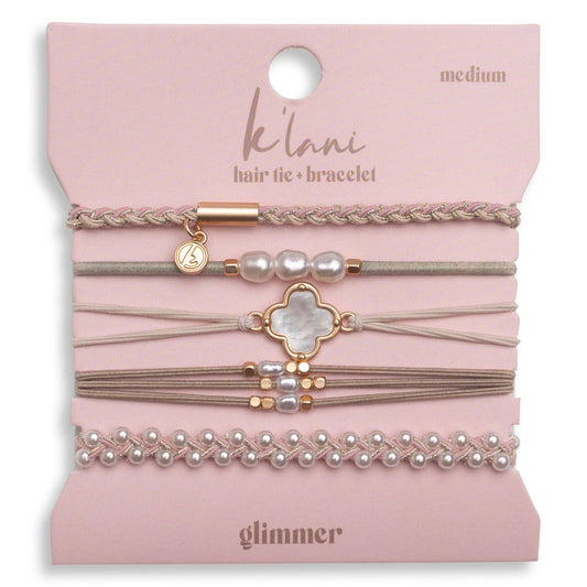 "Glimmer" Soft Pinks with Pearl and Gold Accent Hair Tie Bracelets: Large