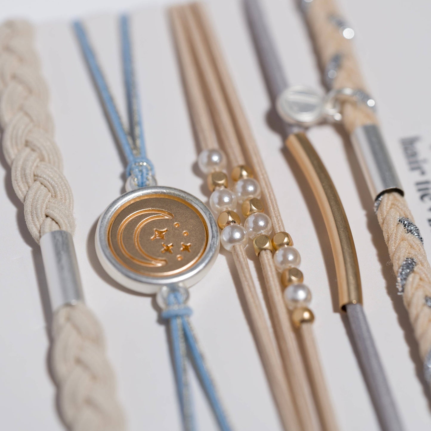 "Wonder" Soft Creams and Blues with Pearls and Gold Hair Tie Bracelets: Medium