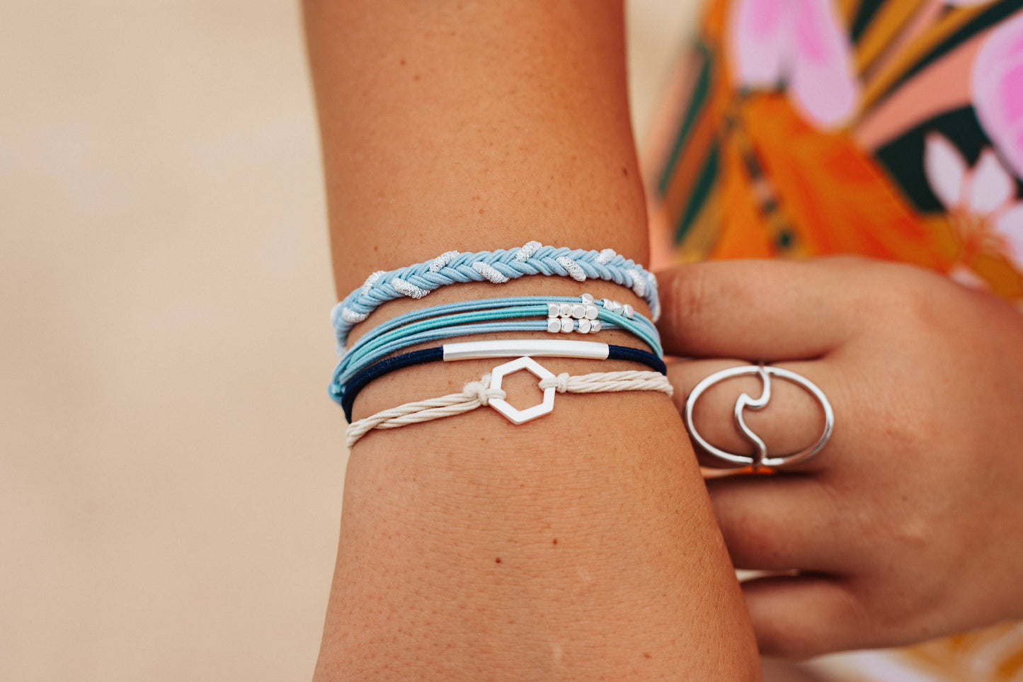 "Dream" Shades of Blue with Silver Accents Hair Tie Bracelets: Medium