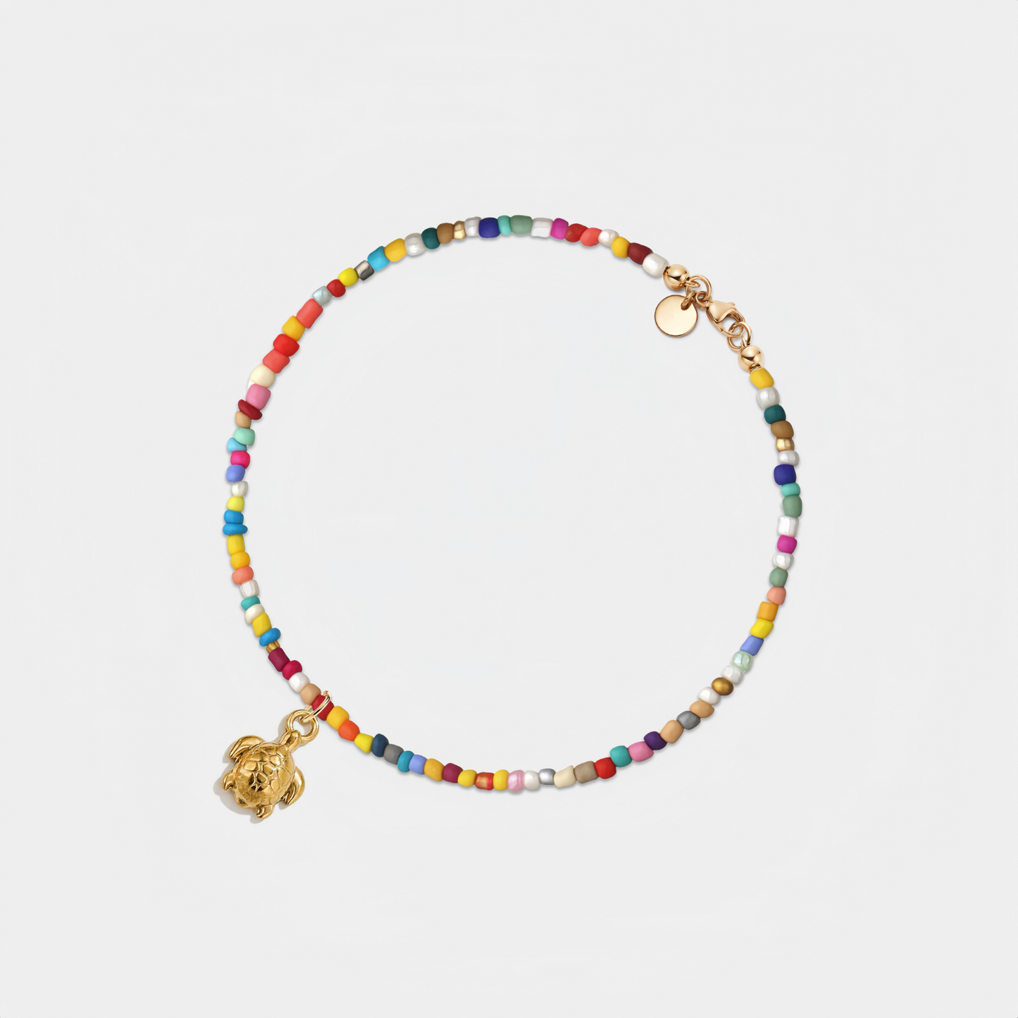 Sea Turtle Rainbow Bead Boho Beach Anklet in Stainless Steel: Gold