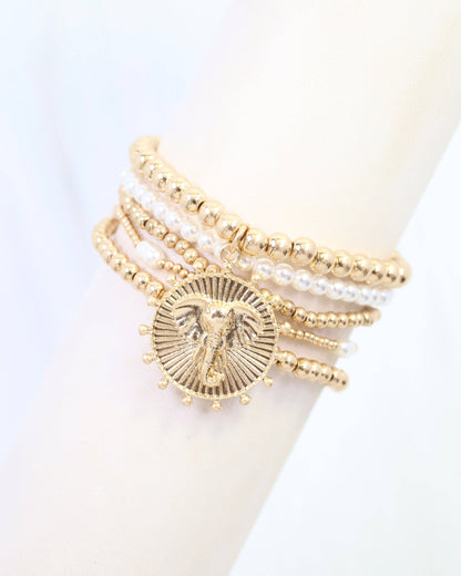 Carmen Coin Beaded Bracelet Set Elephant Worn Gold: Default
