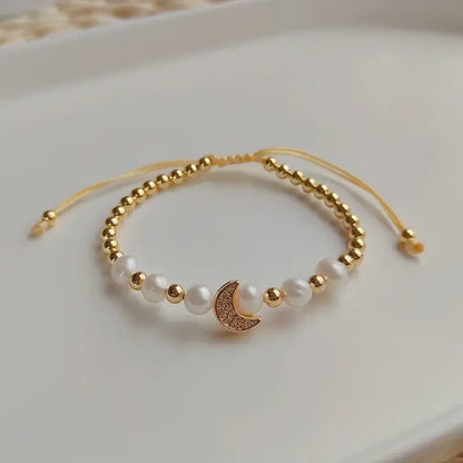 Pearl Beaded Adjustable Bracelet - Heart, Moon, Star: Heart