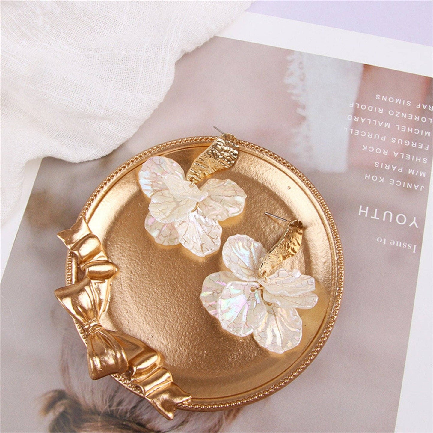 White Cracked Shell Flower Petal Earrings in Stainless Steel