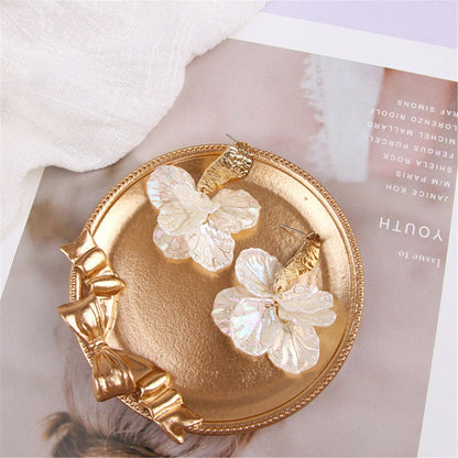 White Cracked Shell Flower Petal Earrings in Stainless Steel