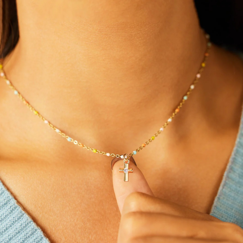 Cross Boho Color Bead Charm Necklace in 925 Sterling Silver: Silver