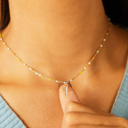 Cross Boho Color Bead Charm Necklace in 925 Sterling Silver: Silver