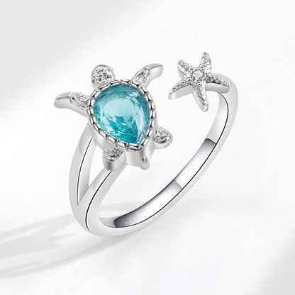 Cute Blue Sea Turtle Starfish Stacking Ring in Solid Copper