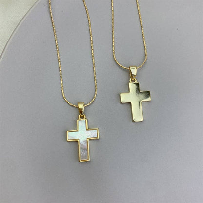 Gold Mother Of Pearl Cross Pendant Necklace in Solid Copper