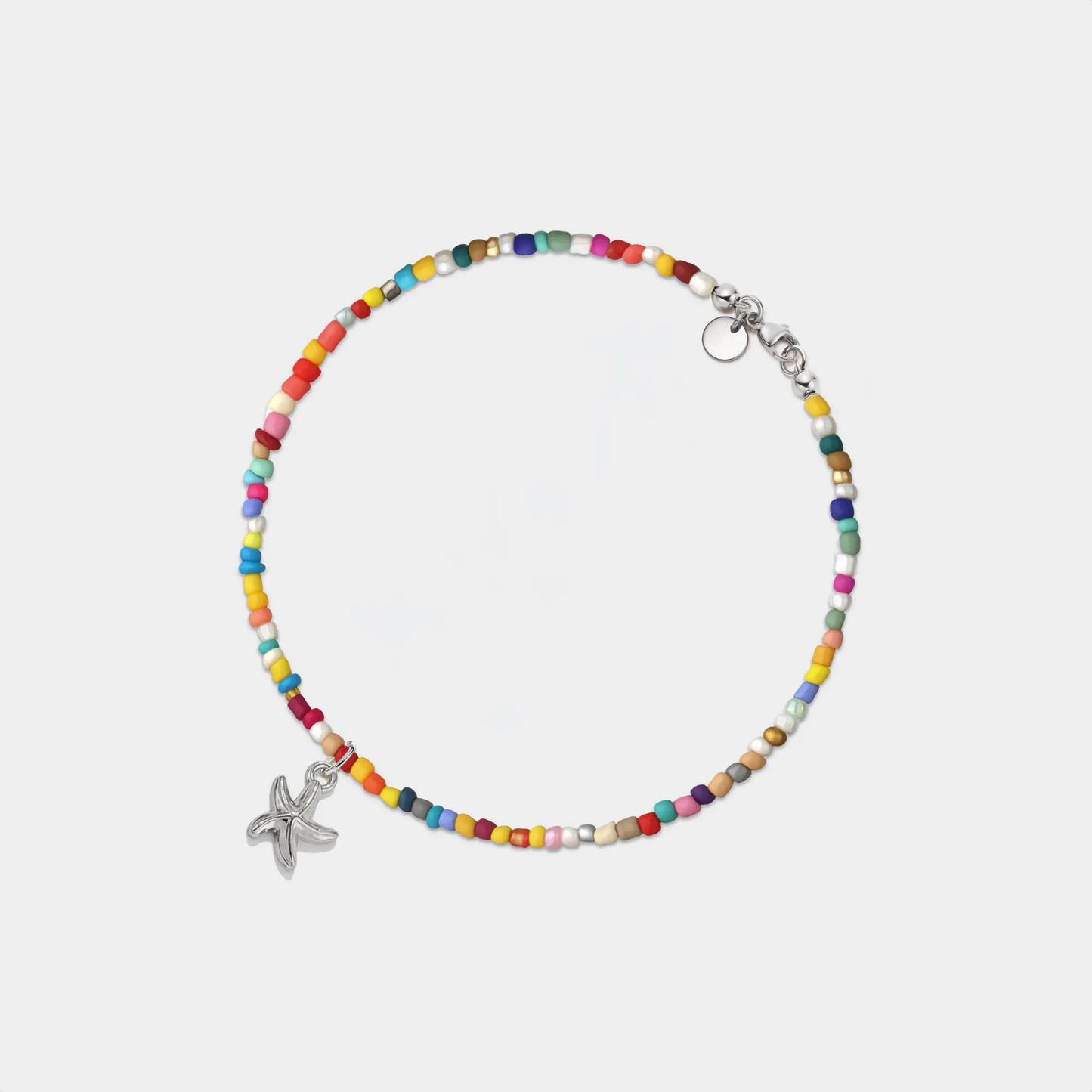 Boho Starfish Rainbow Bead Beach Anklet in Stainless Steel: Silver