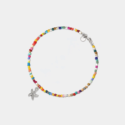 Boho Starfish Rainbow Bead Beach Anklet in Stainless Steel: Silver