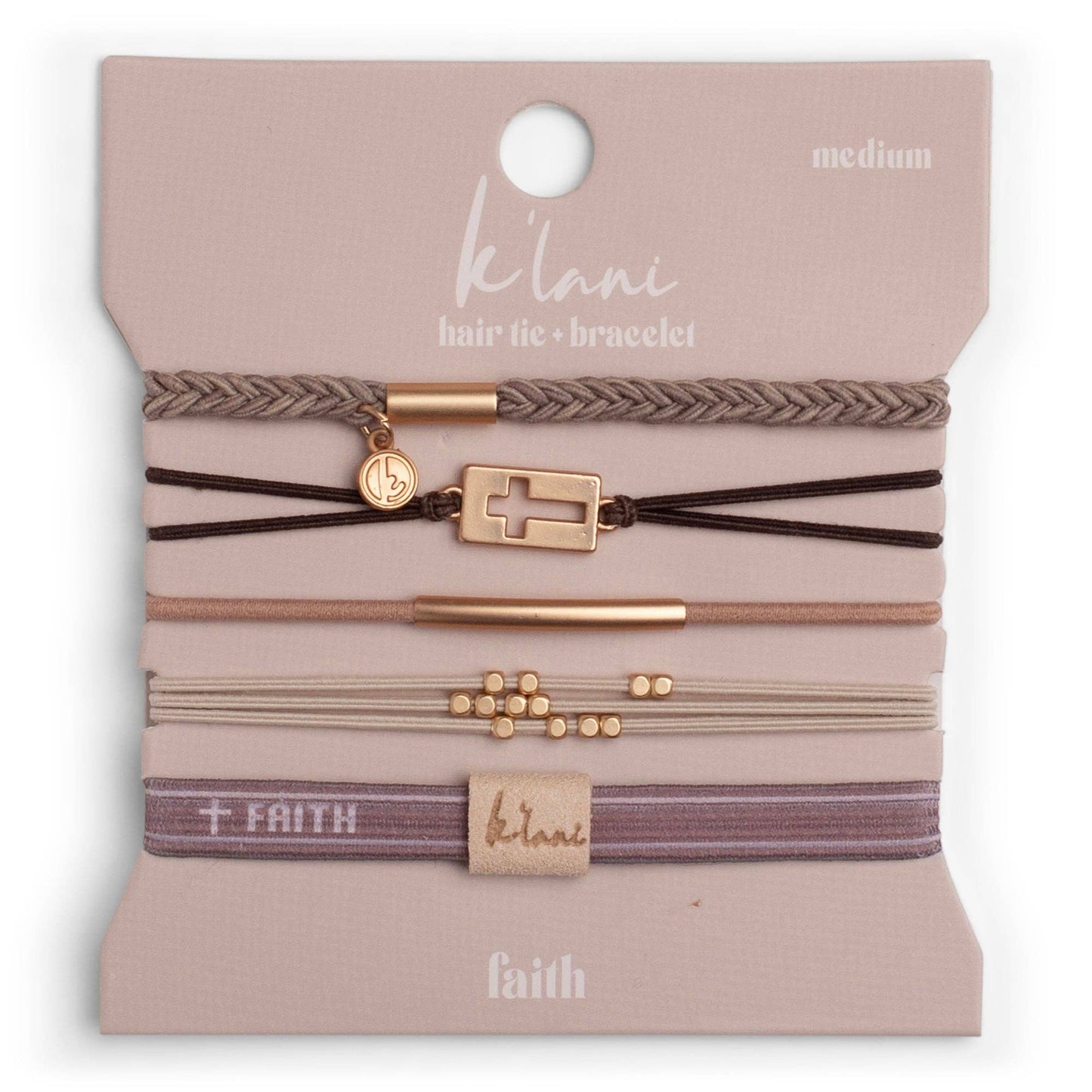 "Faith" Warm Neutrals with Gold Cross Hair Tie Bracelets: Medium