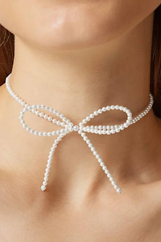 Beaded Pearl Bow Tie Choker Necklace - 7312: S0OX3T7312