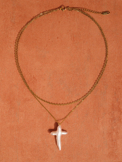 Aurise 18K Gold Non-Tarnish Freshwater Pearl Cross Necklace: Yellow Gold