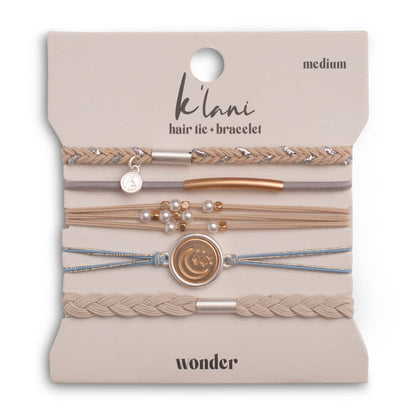 "Wonder" Soft Creams and Blues with Pearls and Gold Hair Tie Bracelets: Medium