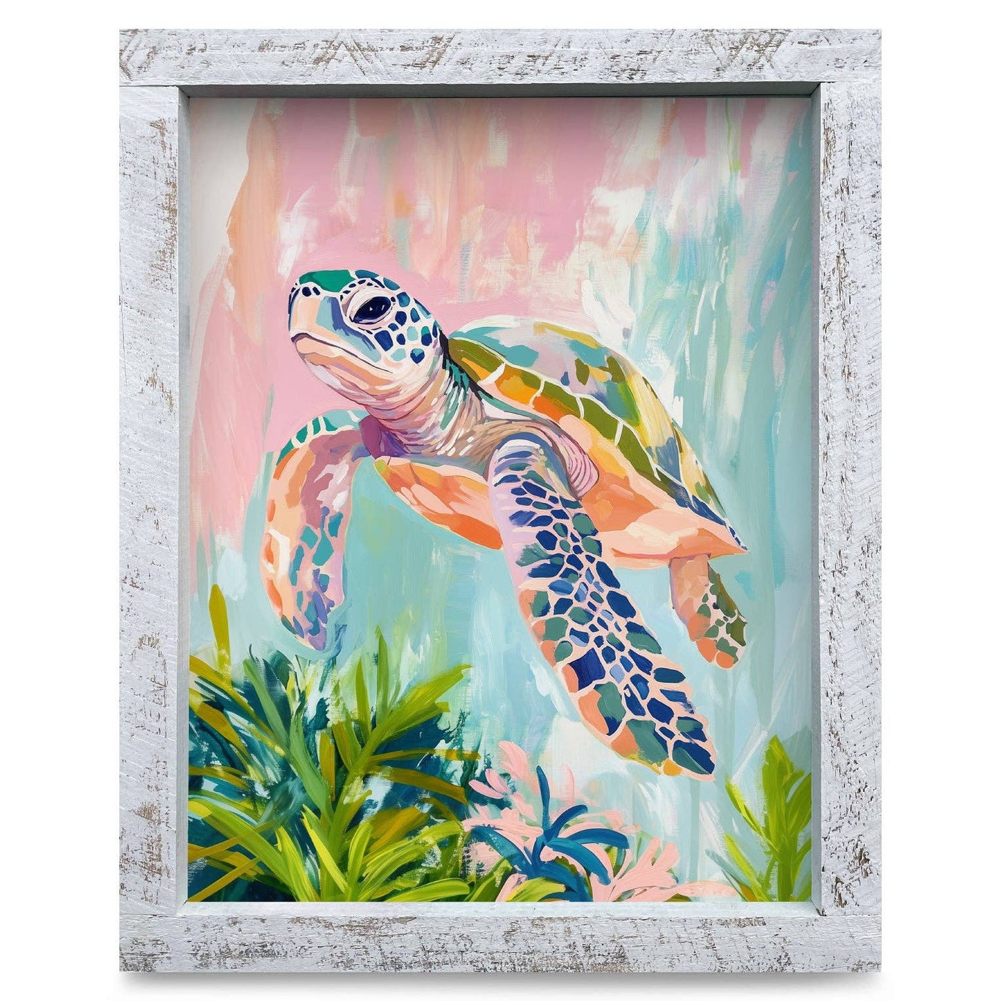Pastel Sea Turtle | Real Wood Framed Wall Art Print: 8"x12"