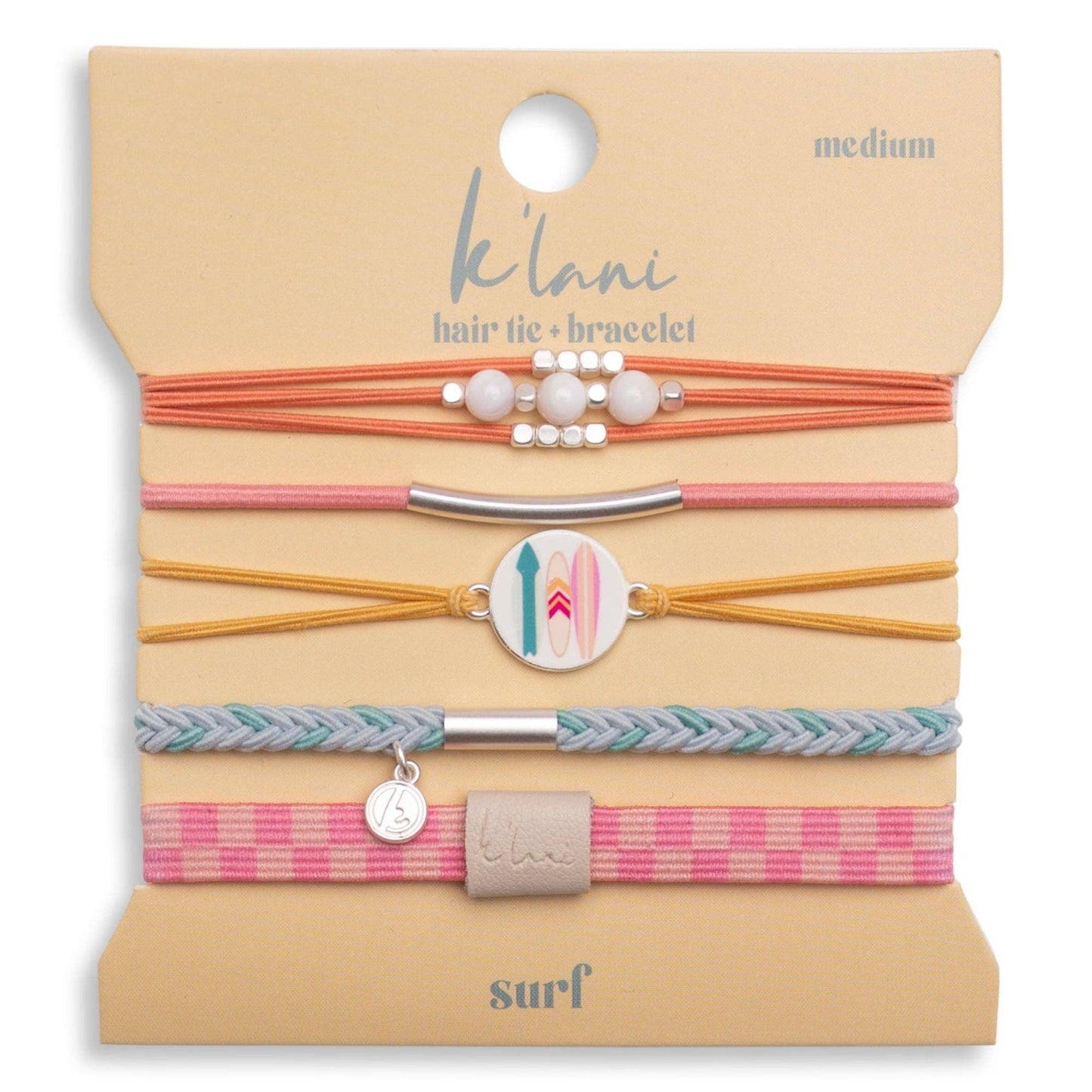 "Surf" Surfboard with Silver Accents Hair Tie Bracelets: Medium