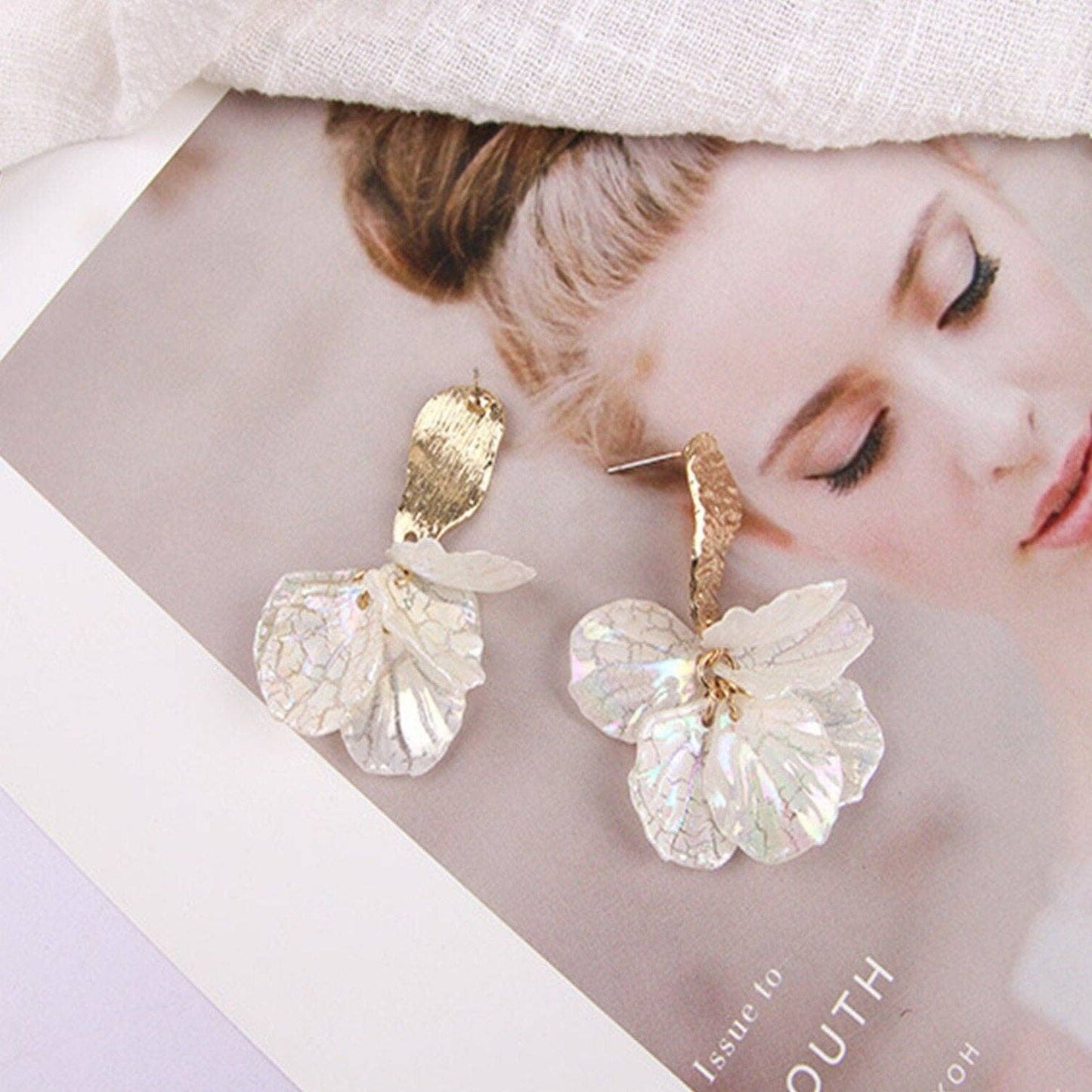 White Cracked Shell Flower Petal Earrings in Stainless Steel