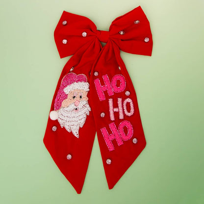 CHRISTMAS SANTA'S "HO HO HO" BOW BARRETTE HAIR CLIP: Red